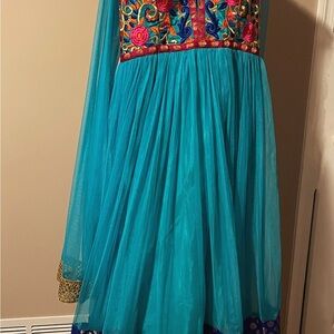 Elegant Blue Dress with Colorful Embroidery